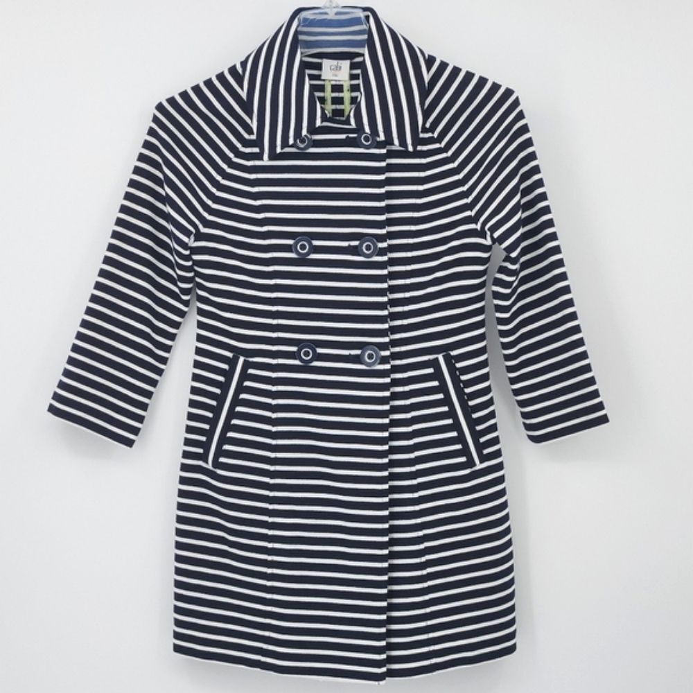 Cabi Jacket Double Breasted Trench Coat Womens Size XXS Maritime Nautical Stripe